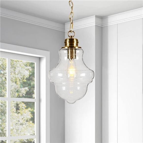 Annie 9.13" Wide Pendant with Glass Shade in Brass/Seeded - Picture 4 of 7